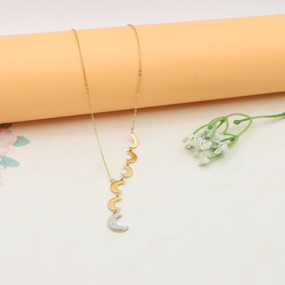 Gold Plated Moon Phase Necklace with Elegant Crescent Charms, XPNL0384 - Picture 2 of 13